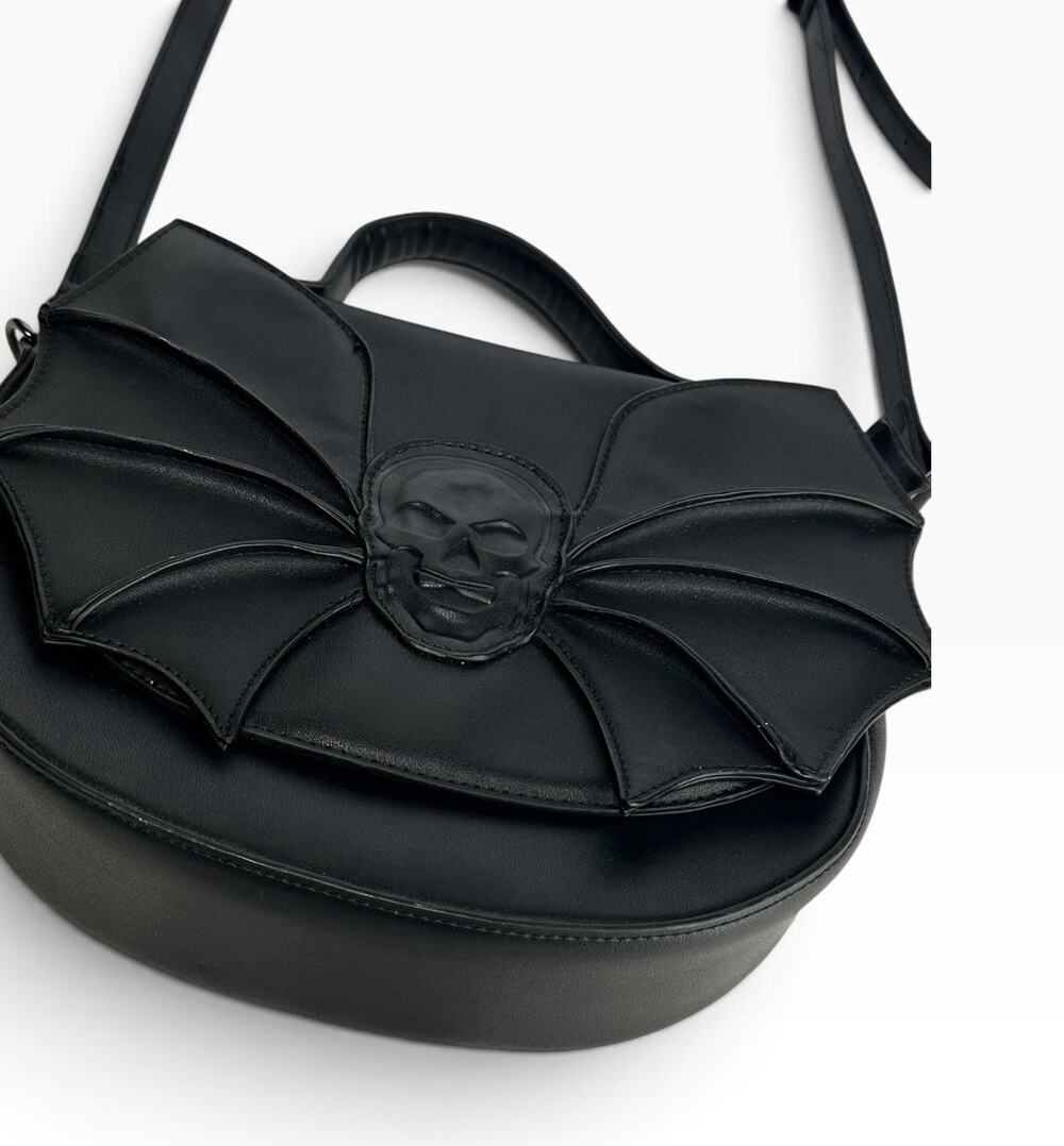 Black Gothic Bat Wing Embossed Skull Silent Creature Shoulder Bag BANNED Apparel